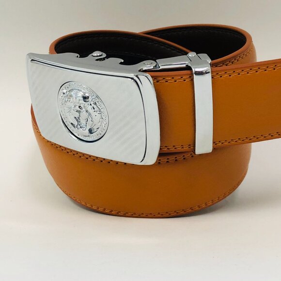 Automatic Silver Lion Designer Buckle Men's Orange Ratchet Genuine Leather Slide - Picture 2 of 3
